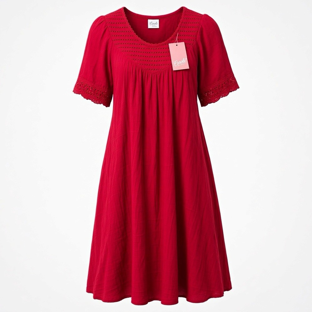 NWT Vintage Carole Red 100% Cotton Eyelet Nightgown Housecoat Size L Made USA